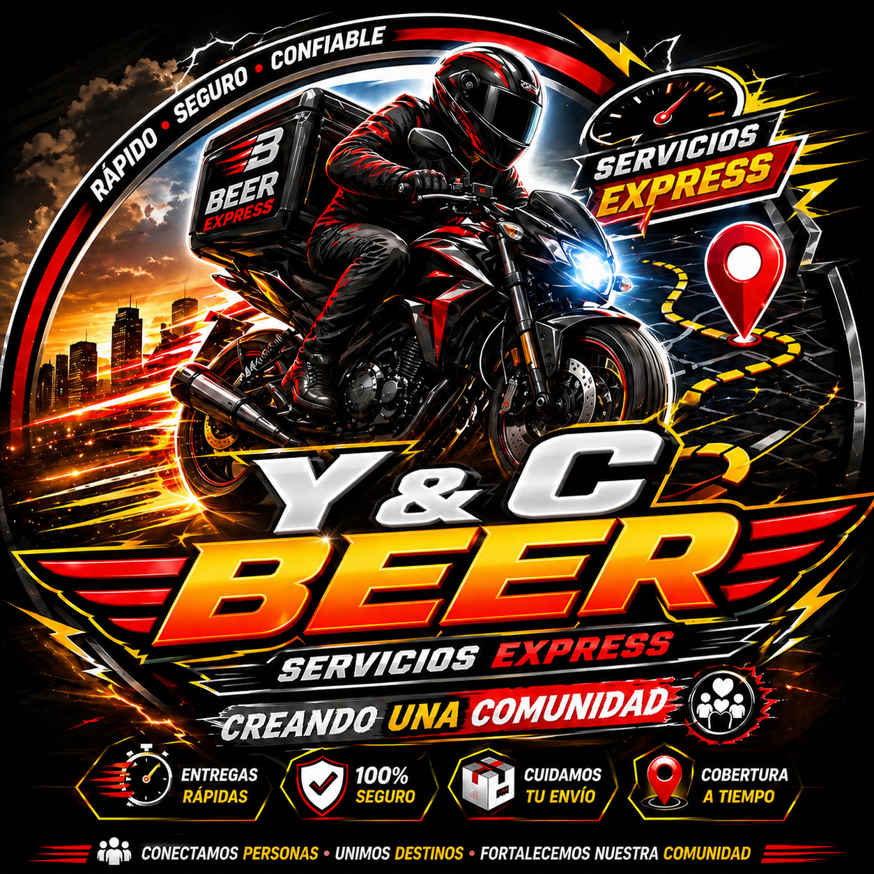 Mensajero Y&C BEER en moto entregando paquete